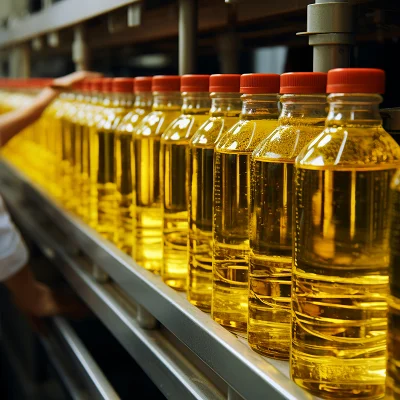 Plastic bottles filled with yellow cooking oil are lined up on a conveyor belt in a production facility operated by a leading Edible Oil Machinery Exporter from India, Sungates Technologies