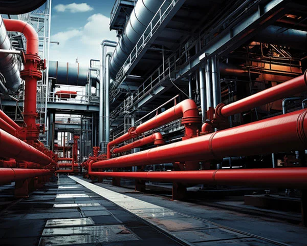 Complex industrial facility with large red pipes running alongside metallic structures, platforms, and walkways under a partly cloudy sky. The scene highlights a modern, high-tech site by an Edible Oil Machinery Exporter from India.