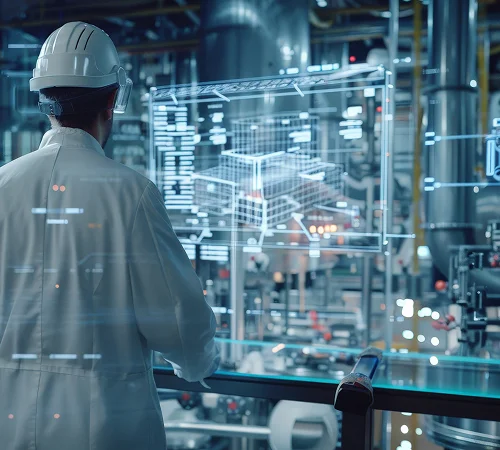  A person wearing a hard hat and lab coat stands in a high-tech industrial facility, analyzing a transparent digital interface displaying engineering schematics and data for Oil Plant Engineering Services India.