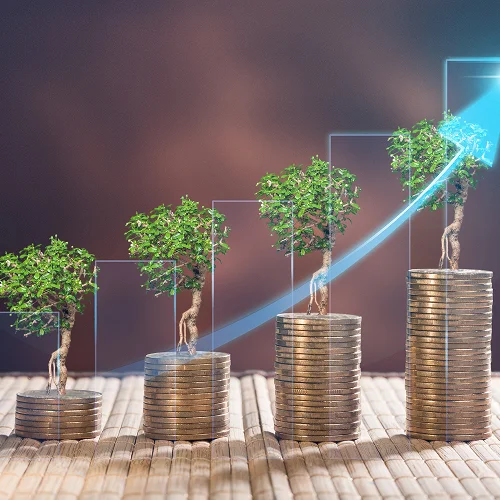 Four stacks of coins, each with a small tree growing on top, increase in height from left to right. A rising blue arrow and graph lines reflect the growth and success of an Edible Oil Refinery Plant Manufacturer in India.